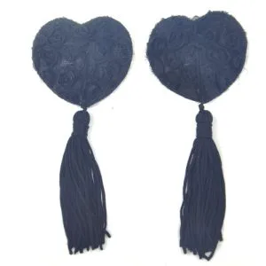 Sticker sâni Black Lace Rose Nipple Tassels, autoadeziv, formă inimă, negru, dantelă sexy