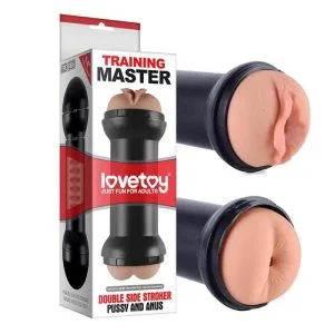 Masturbator dublu Training Master, 22 cm, cu deschidere vagin si anus, material moale tip piele, interior cu noduli, striatii si maner ergonomic