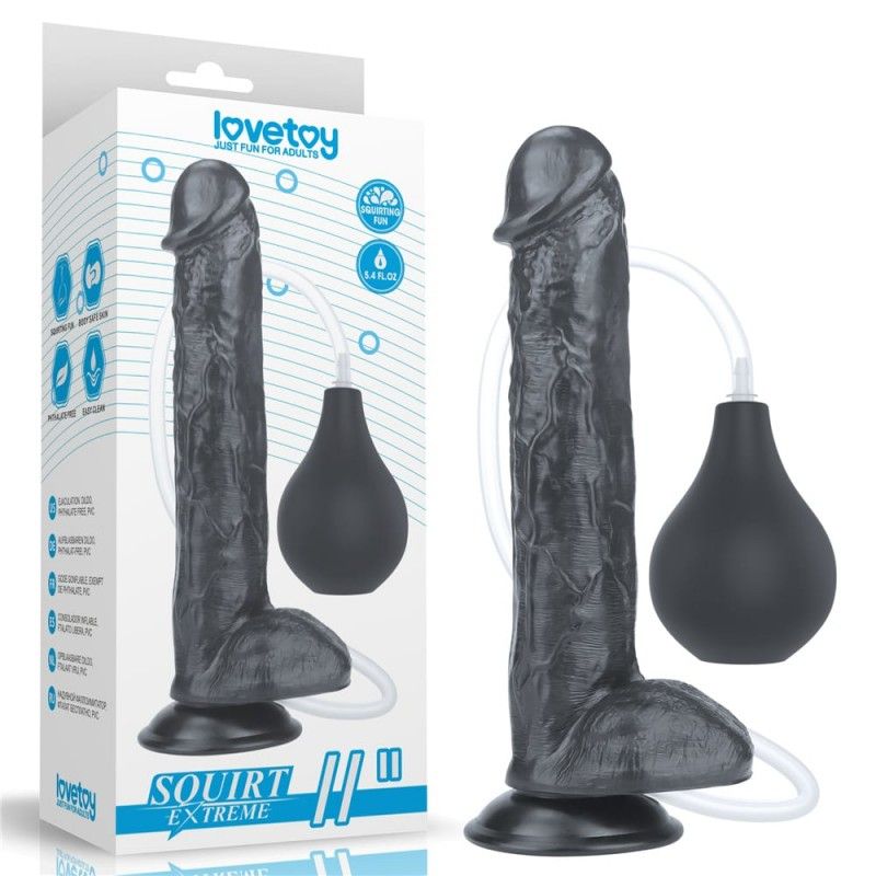 Dildo negru cu ejaculare, 27.5 cm lungime, rezervor mare 160 ml, grosime 4.75 cm, ventuză puternică pentru fixare, ideal pentru fantezii kinky
