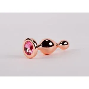 Dop anal rose gold cu 2 bile sferice, 10 cm lungime, diametru 3 cm, bază cu piatră roz, unisex