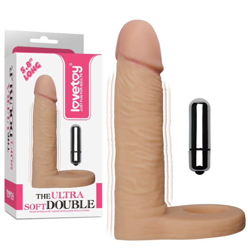 Inel penis cu stimulator anal Ultra Soft Double-Vibrating 5.8'', TPE moale, 13 cm, vibratii detasabile