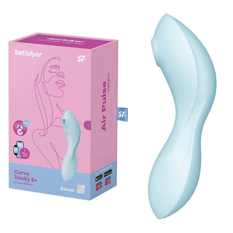 Vibrator cu unde pentru clitoris Satisfyer Curvy Trinity 5+, 2 motoare, 11 presiuni, 12 vibratii, punct G + Air Pulse, aplicatie, silicon albastru, 16.6 cm