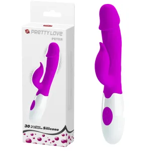 Vibrator Pretty Love Peter, 19.2 cm, cap realist, 30 functii vibratie, silicon moale, stimulator clitoris, mov, baterii AAA