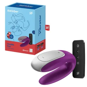 Vibrator cuplu Satisfyer Double Fun Violet, control aplicatie si telecomanda, forma U, 2 motoare, silicon moale, 9.3 cm