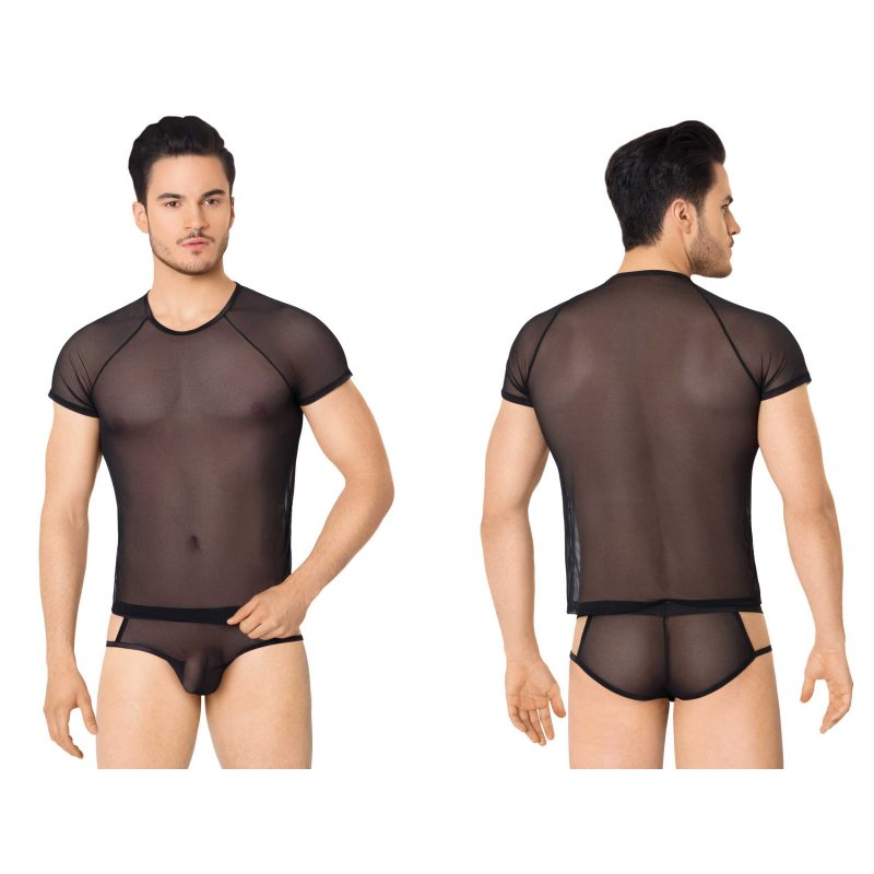 Set lenjerie barbati Shirt and Shorts 4607 black M/L, material moale semitransparent, decupaje laterale