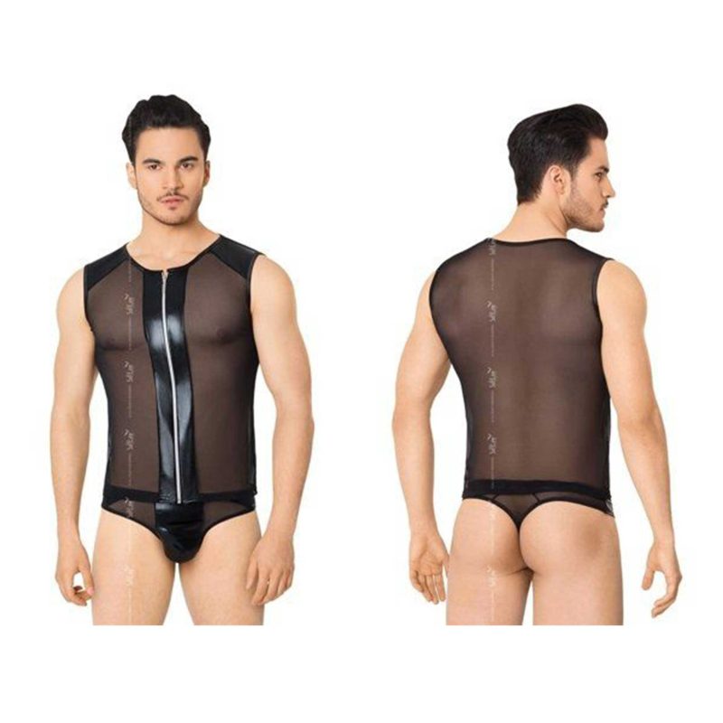 Set lenjerie barbati tul Shirt and Shorts 4606 black M/L, fermoar argintiu, insertii lucioase