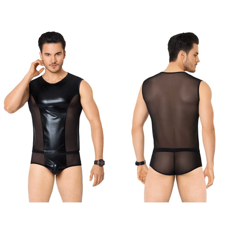 Set lenjerie barbati Shirt and Shorts 4605 black XL, tul semitransparent, insertie lucioasa fata, tr…