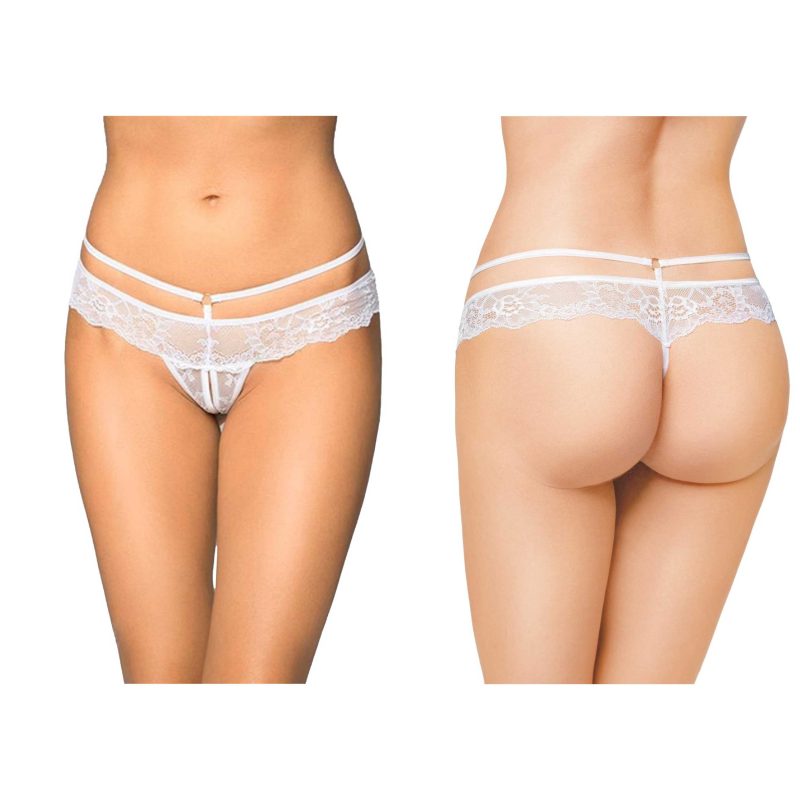 Chilot tanga G-String 2475 alb S/M, dantelă florală, decupaj intim, barete inele aurii