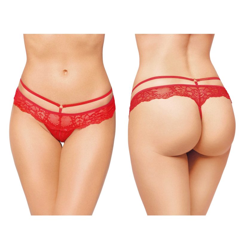 Chilot tanga G-String 2475 roșu S/M, dantelă florală, decupaj intim, barete cu inele aurii