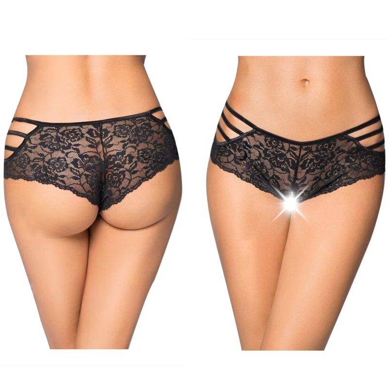 Chilotei sexy Shorts 2478 negri M/L, dantelă florală, decupaj intim, barete subțiri laterale