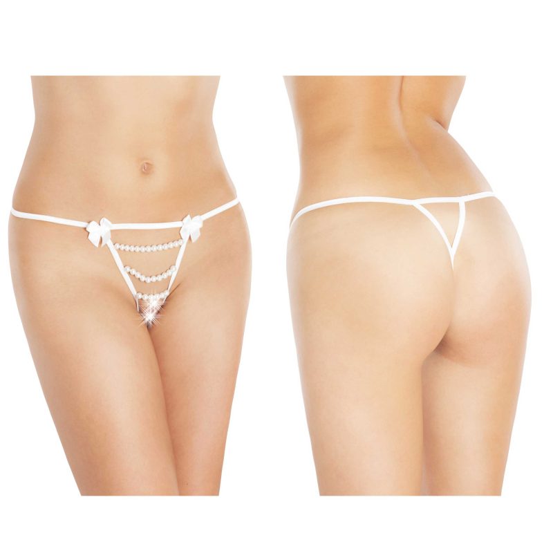 Bikini alb String 2355 White, universala S/L, 3 șiraguri perle albe, fundițe, poliamidă și elastan