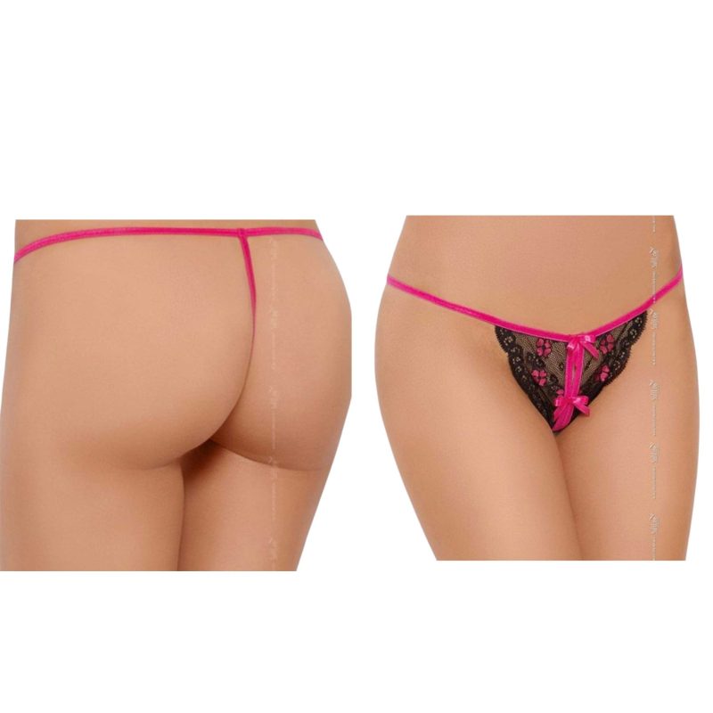 Chilot bikini sexy 2347 negru & roz, dantelat cu decupaj intim și funde satin, mărime universală