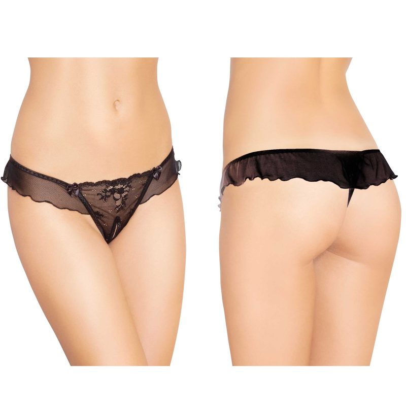Chilot bikini sexy 2384 negru, cu decupaj intim, dantelă fină, mărime M/L