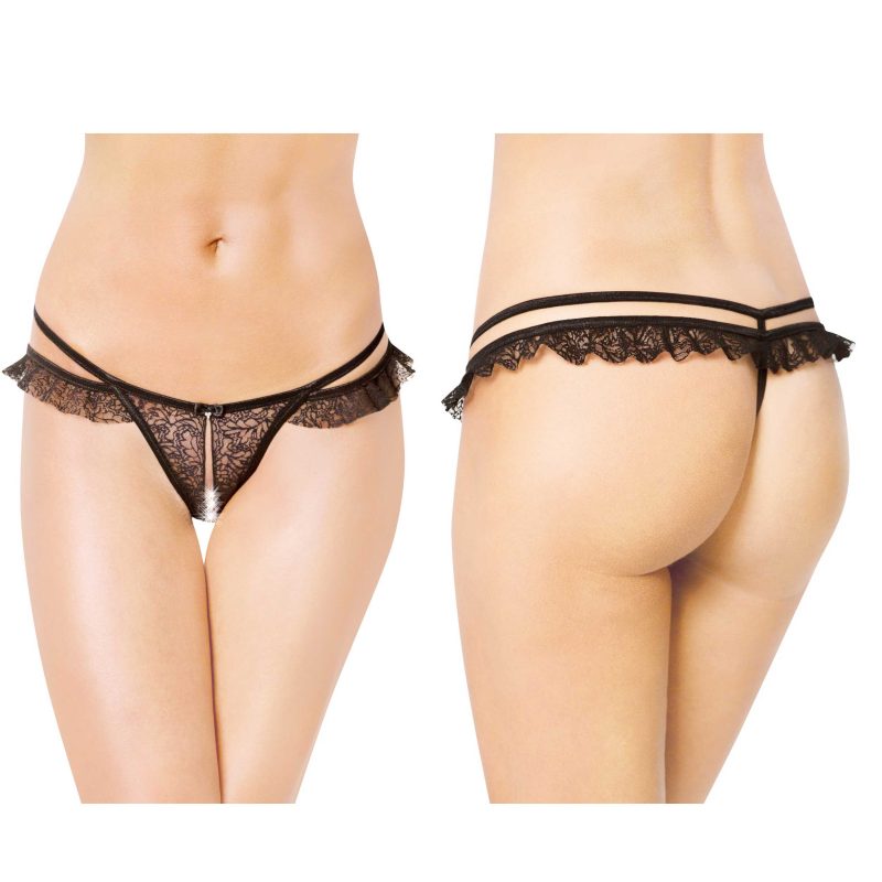 Chilot tanga sexy G-String 2452 Black S/M, dantelă roșie, decupaj intim, fundiță decorativă, volane laterale, poliamidă 100%