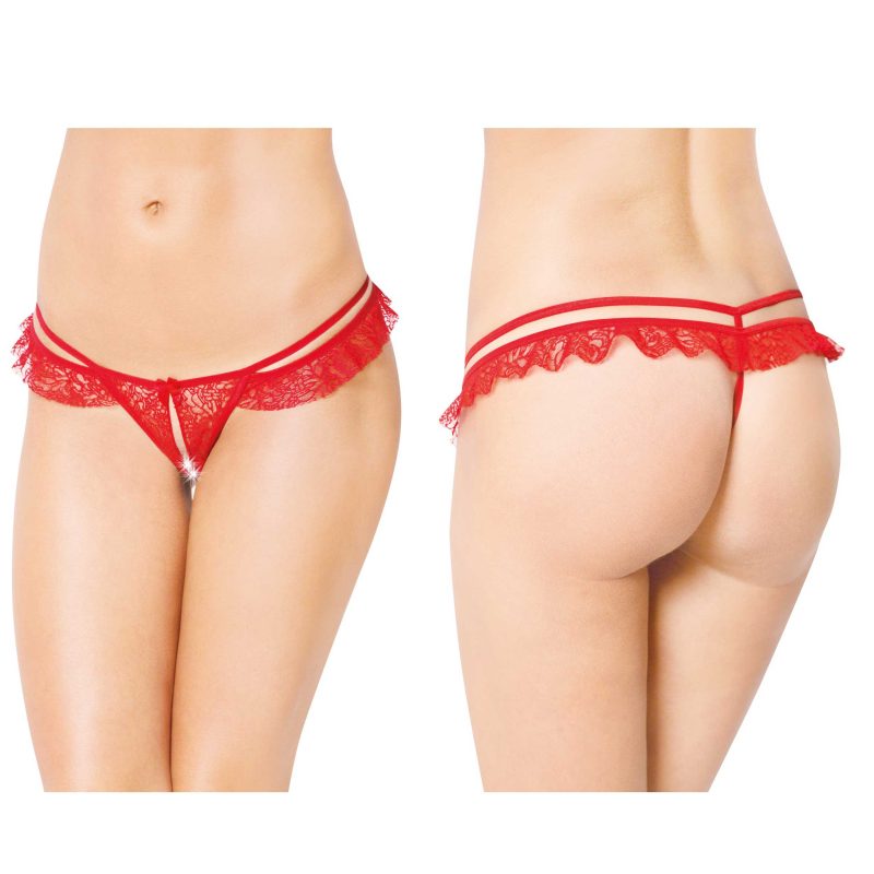 Chilot tanga sexy G-String 2452 Red S/M, dantelă roșie, decupaj intim, fundiță decorativă, volane laterale, poliamidă 100%