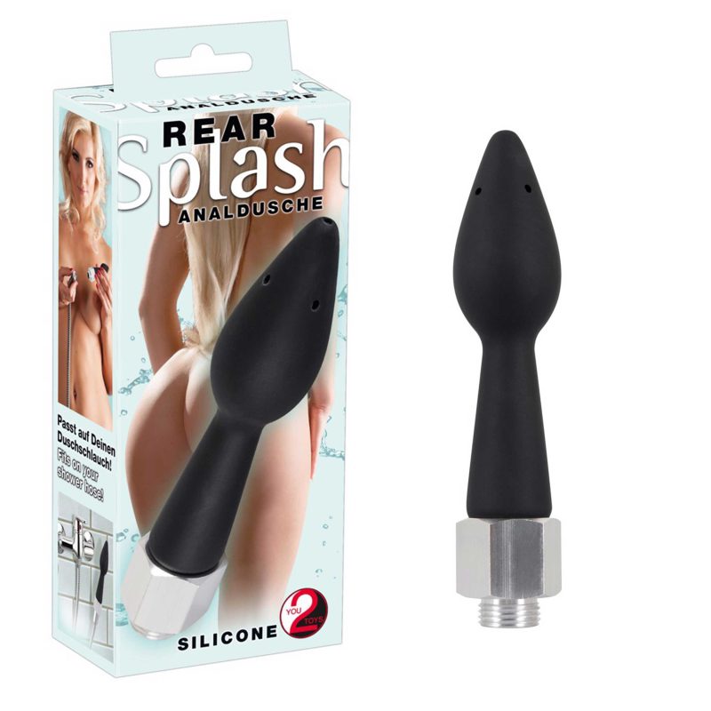 Dop anal Rear Splash din silicon negru 16 cm, cu filet pentru dus intim