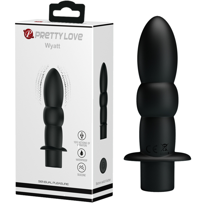 Vibrator anal Pretty Love Wyatt Black, 11,5 cm, 10 functii vibratie, silicon moale, forma conica, re…