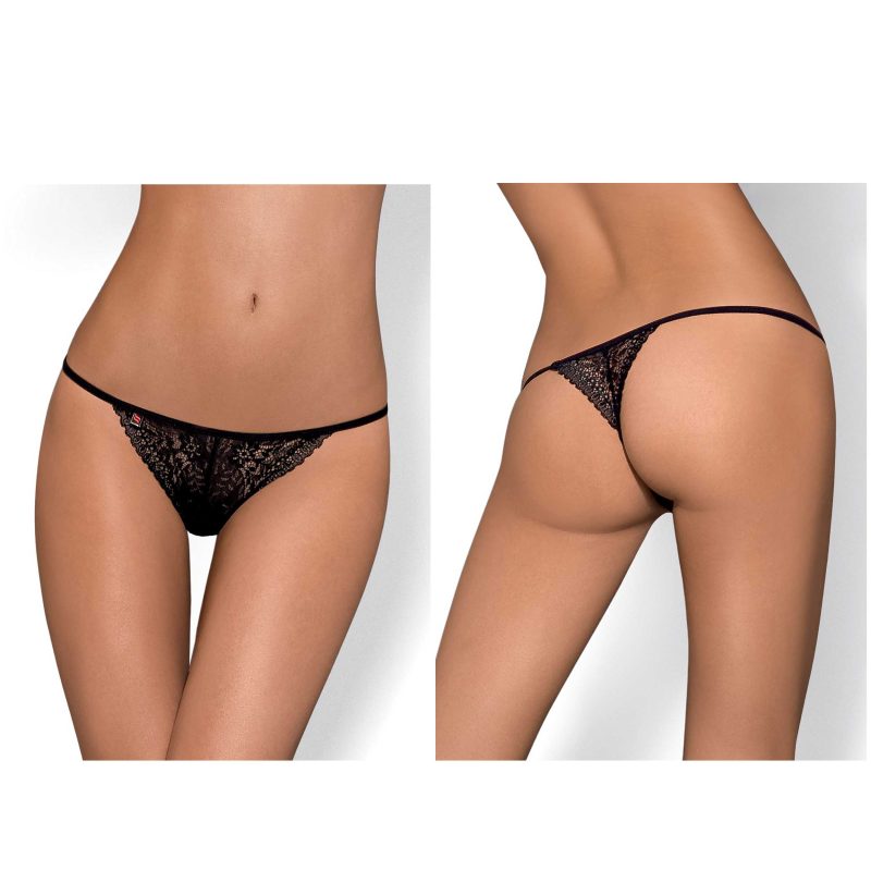Chilot tanga dantelă florală Intensa Obsessive, negru, L/XL, tul fin, ambalaj cadou