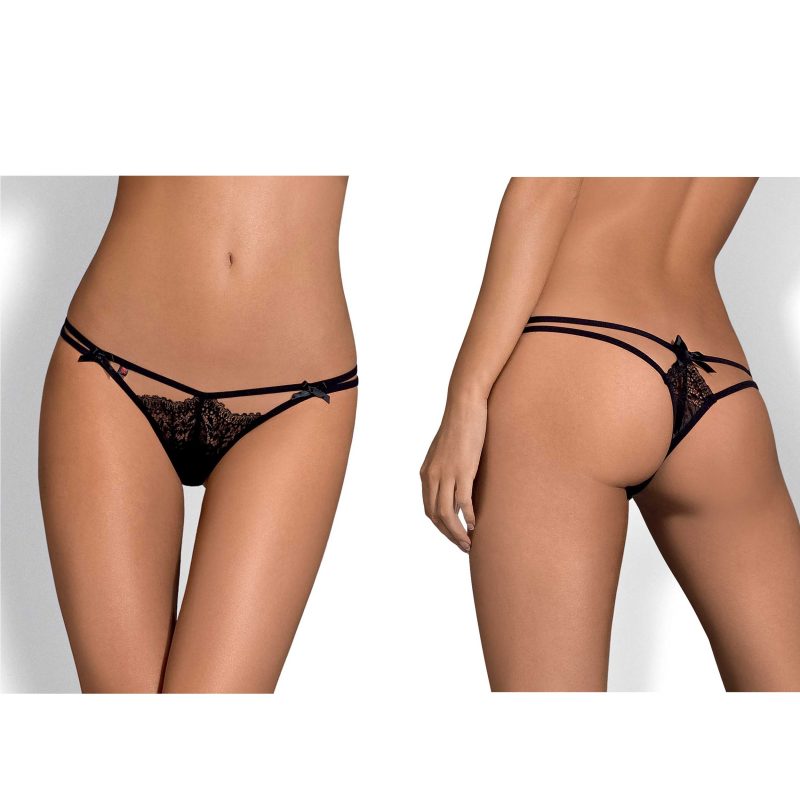 Chilot tanga Intensa double Obsessive, negru, L/XL, dantelă florală, barete subțiri