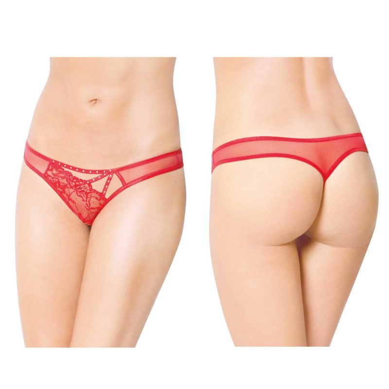 Bikini sexy Thongs 2441 Red M/L, tul roșu, dantelă, barete cu strasuri, lenjerie erotică
