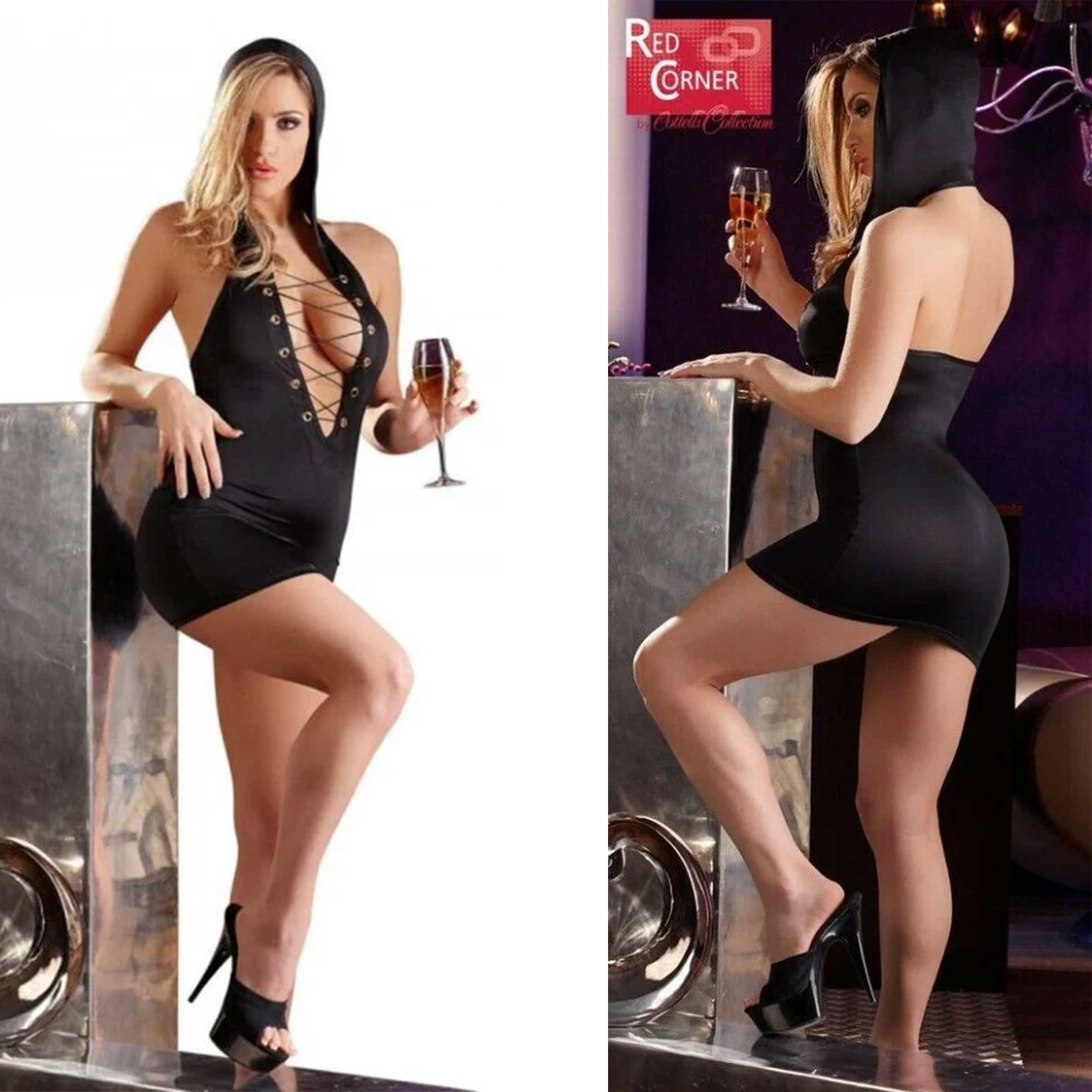 Rochie sexy de cocktail Red Corner cu glugă, XS, neagră, decolteu adânc și spate gol