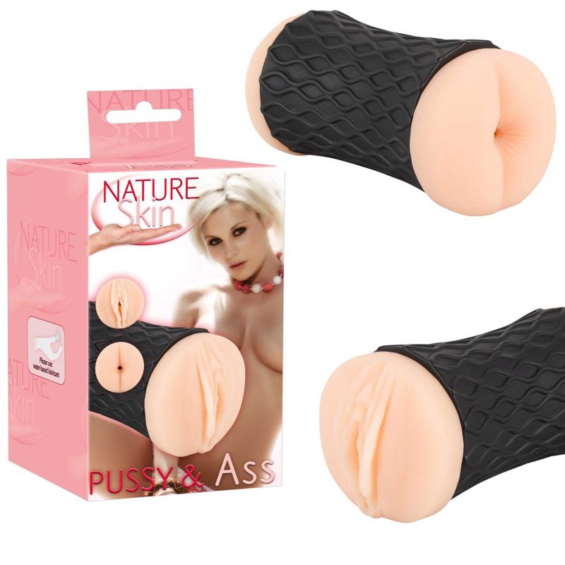 Masturbator dublu Nature Skin Pussy & Ass, 14.3 cm, TPE realist, 2 capete vagin și anus, carcasa antiderapanta
