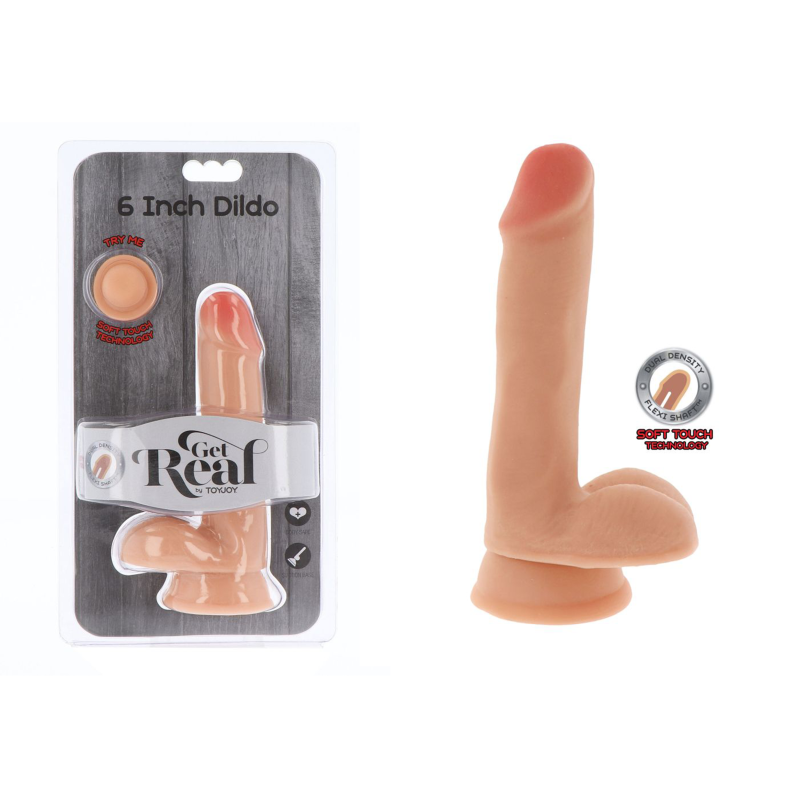 Dildo realist din TPE, 13 cm inserabil, dual density, ventuză puternică, testicule, moale la exterior, ferm la interior