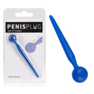 Dop penis Sperm Stopper, silicon moale, albastru, conic, 9.6 cm lungime, bilă de oprire, diametru max. 1.6 cm