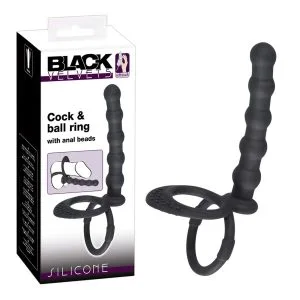 Inel penis și testicule cu margele anale Black Velvets, silicon Soft Touch, 19 cm, diametru 3.8/5 cm