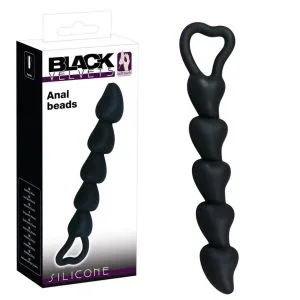 Mărgele anale în formă de inimă, 5 bile, silicon negru, 18.5 cm, cu buclă de retragere