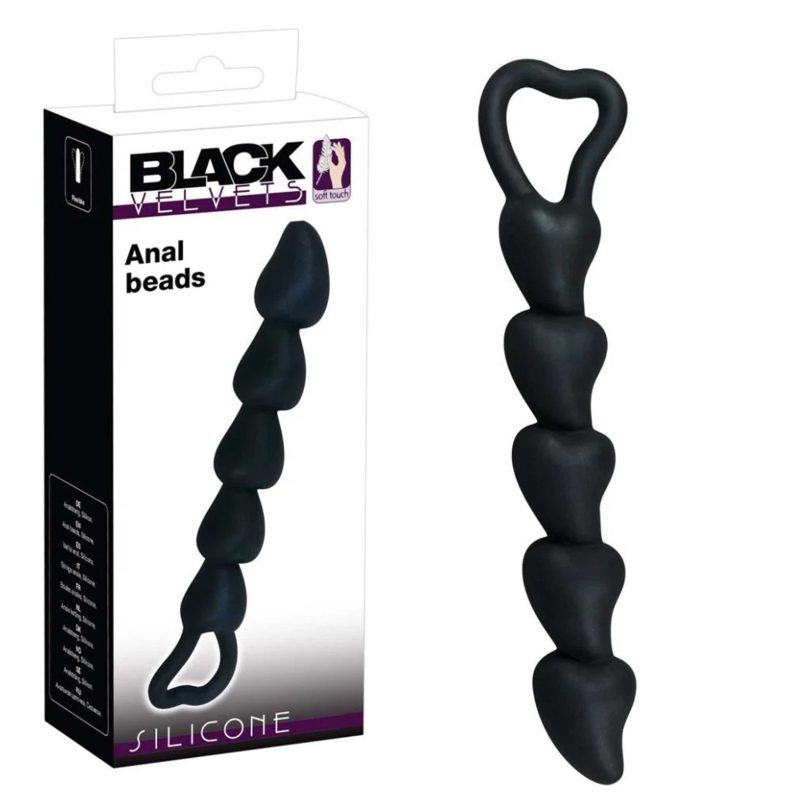 Mărgele anale în formă de inimă, 5 bile, silicon negru, 18.5 cm, cu buclă de retragere
