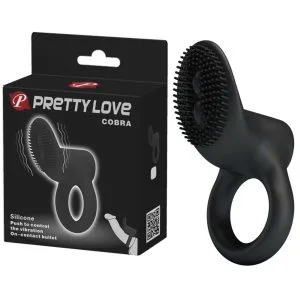 Inel penis cu vibratii Pretty Love Cobra Black, 7.6 cm, silicon cu cili fini, activare la atingere, 2 baterii LR1130