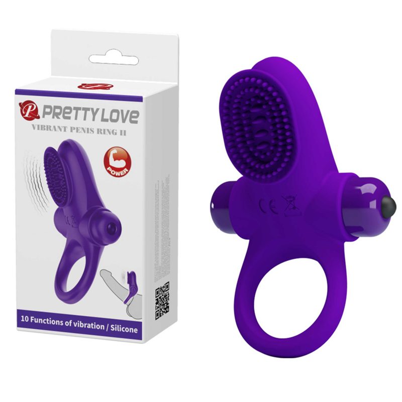 Inel penis cu vibratii Pretty Love Vibrant Ring 2, mov, 8.6 cm, silicon moale, 10 moduri vibratie, glont atasat