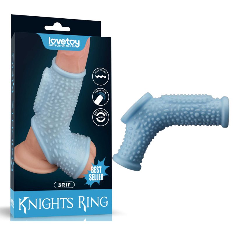 Inel erectie cu vibratii si maneca testiculara Vibrating Drip Knights Ring Blue, 13.3 cm, TPE carnos, stimulare dubla, rezistent la apa