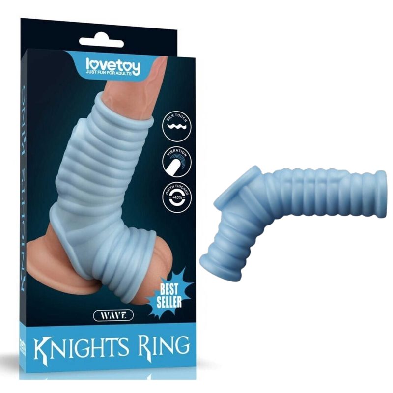 Inel erectie cu vibratii si maneca scrot Vibrating Wave Knights Ring, 14.4 cm, TPE moale, stimulare dubla, albastru, rezistent la apa
