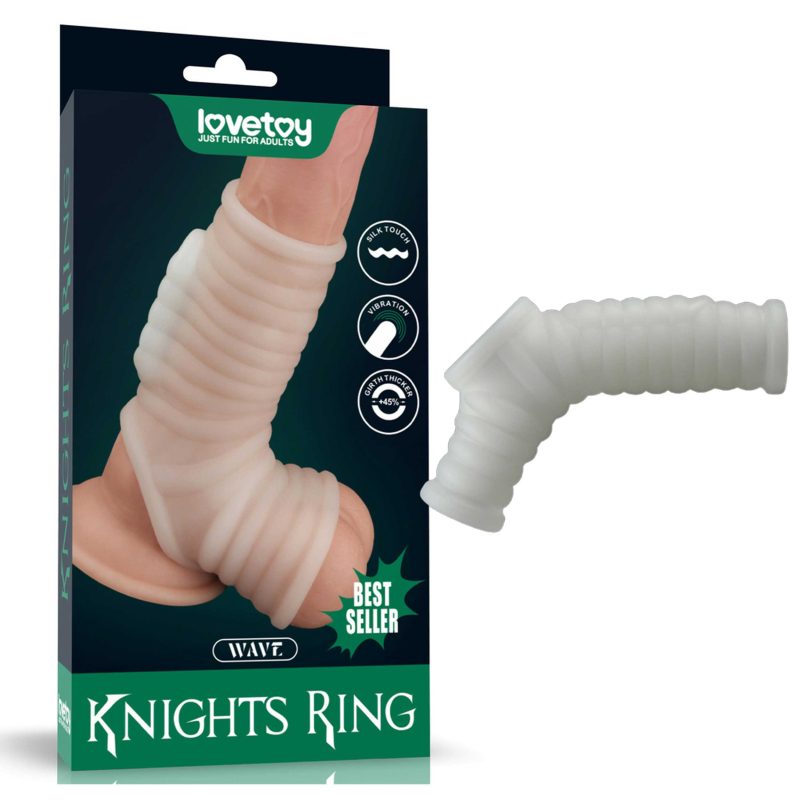 Inel penis Vibrating Silk Knights White, cu vibratii si sleeve pentru scrot, 14.4 cm, TPE, alb