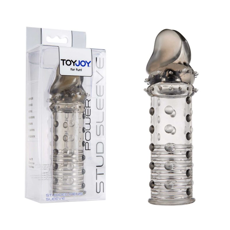 Prelungitor penis Power Stud Sleeve Grey, 15 cm, TPE moale, extensie 2.5 cm, cu noduli și striații stimulatoare