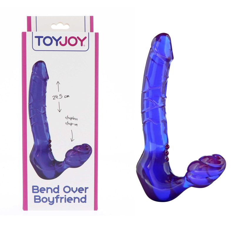 Strap-on fără curele Bend Over Boyfriend albastru, PVC flexibil, 24.5 cm, dublă penetrare, 19 cm utilizabili, grosime 4 cm