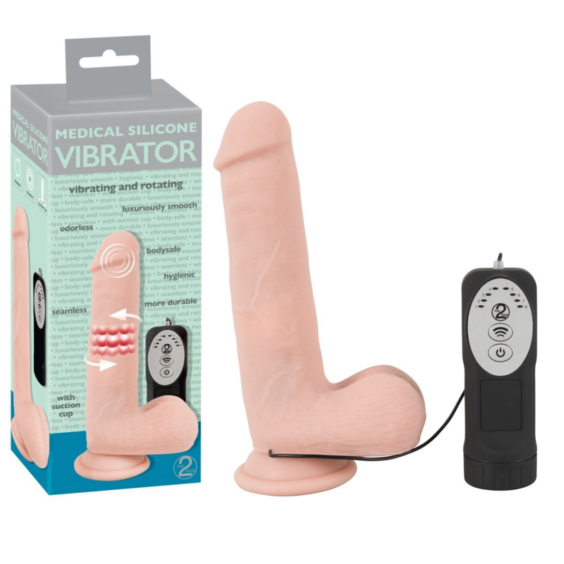 Vibrator realist cu funcție de rotație și vibrație, ventuză, telecomandă, 8 moduri, silicon medical, 20 cm