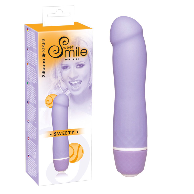 Mini vibrator Sweety, 7 moduri de vibrație, formă realistă de penis, silicon violet, 12.4 cm