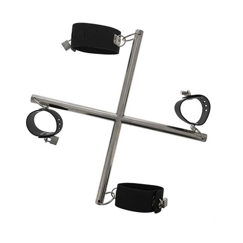Set Hogtie cu bare metalice și cătușe ajustabile cu lacăte, aspect piele, bondage BDSM
