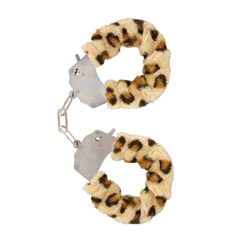 Cătușe metalice cu blăniță moale imprimeu leopard, cu 2 chei de siguranță