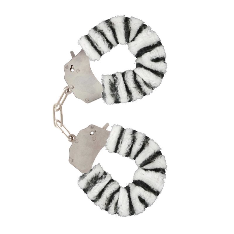 Cătușe metalice cu blăniță zebra, cu chei de rezervă, siguranță inclusă, accesorii BDSM seducătoare