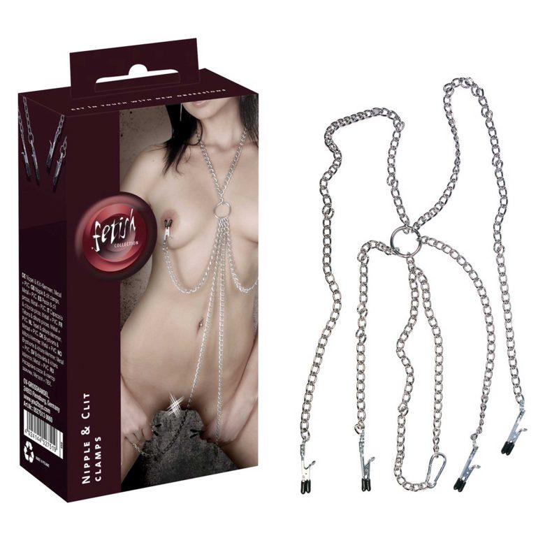 Cleme fetiș pentru mameloane și clitoris cu lanțuri și presiune reglabilă, 4 bucăți, colecție BDSM