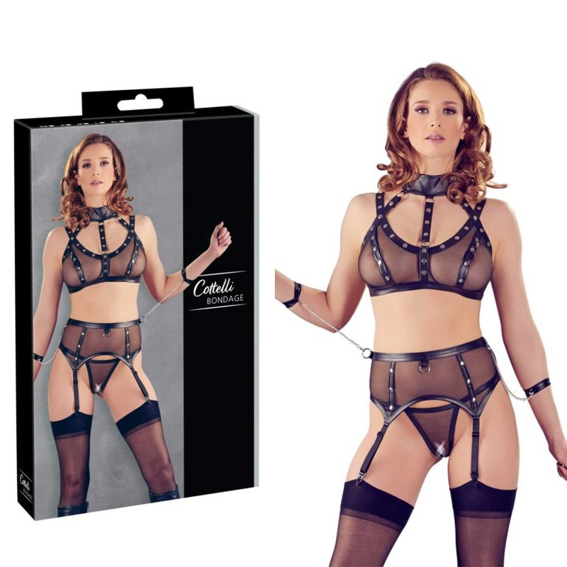 Set lenjerie 4 piese cu tul, pojartier cu cătușe și bikini transparenți, mărime M, negru