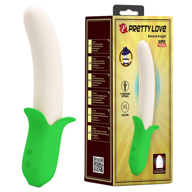 Vibrator din silicon Pretty Love Banana Knight, 19.5 cm, 7 vibratii, forma curbata, stimulare clitoris si vagin, reincarcabil