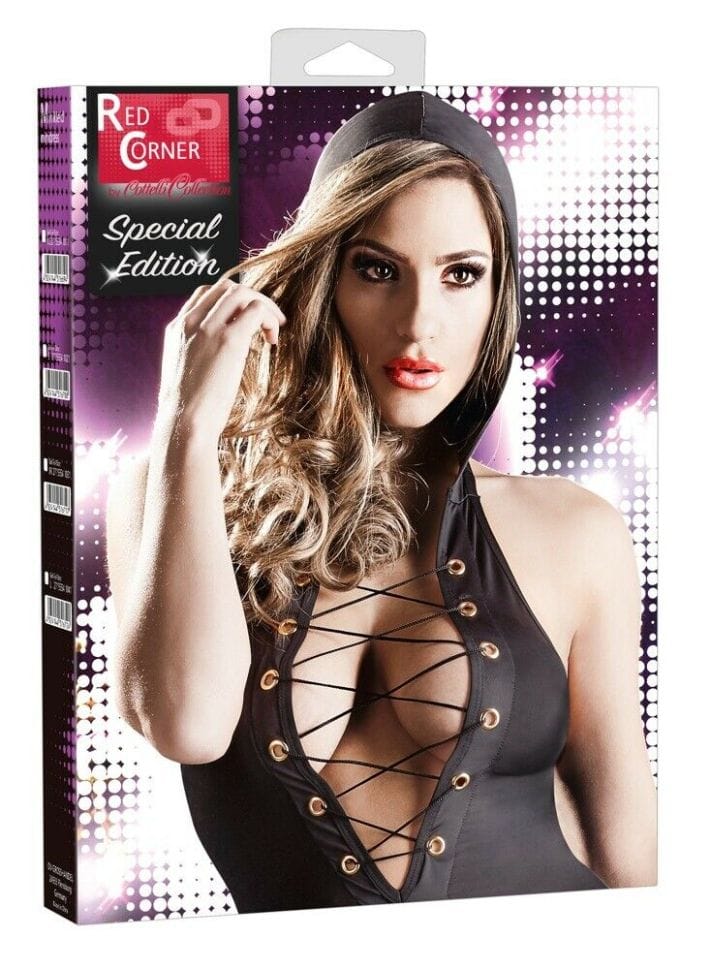 Rochie sexy de cocktail Red Corner cu glugă, XS, neagră, decolteu adânc și spate gol - imagine 4