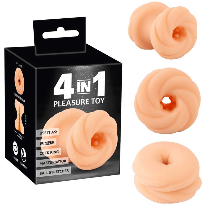 Manson penis 4in1 Pleasure Toy, 7 cm, inel penis, targa bile, manson masturbator, bara protectie, textura stimulatoare TPE