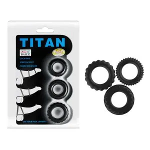 Set 3 inele penis RINGS TITAN, silicon negru, erectii puternice, diametre 3.6 – 4.2 cm, fara latex