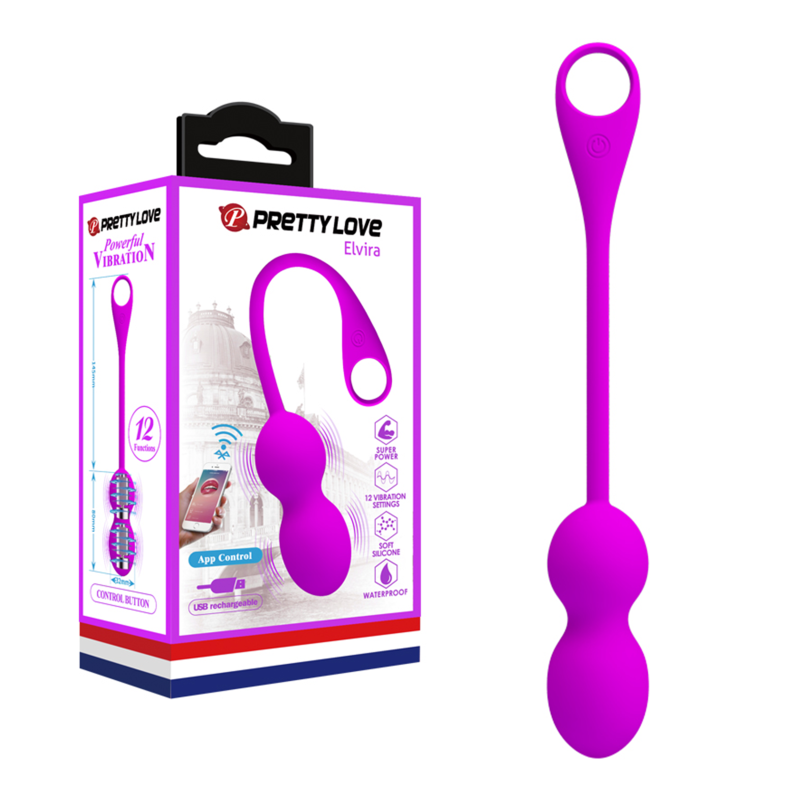 Bile Kegel Vibrante Pretty Love Elvira, 14.5 cm, 12 Funcții, Control App & Telecomandă, Silicon, USB, Violet
